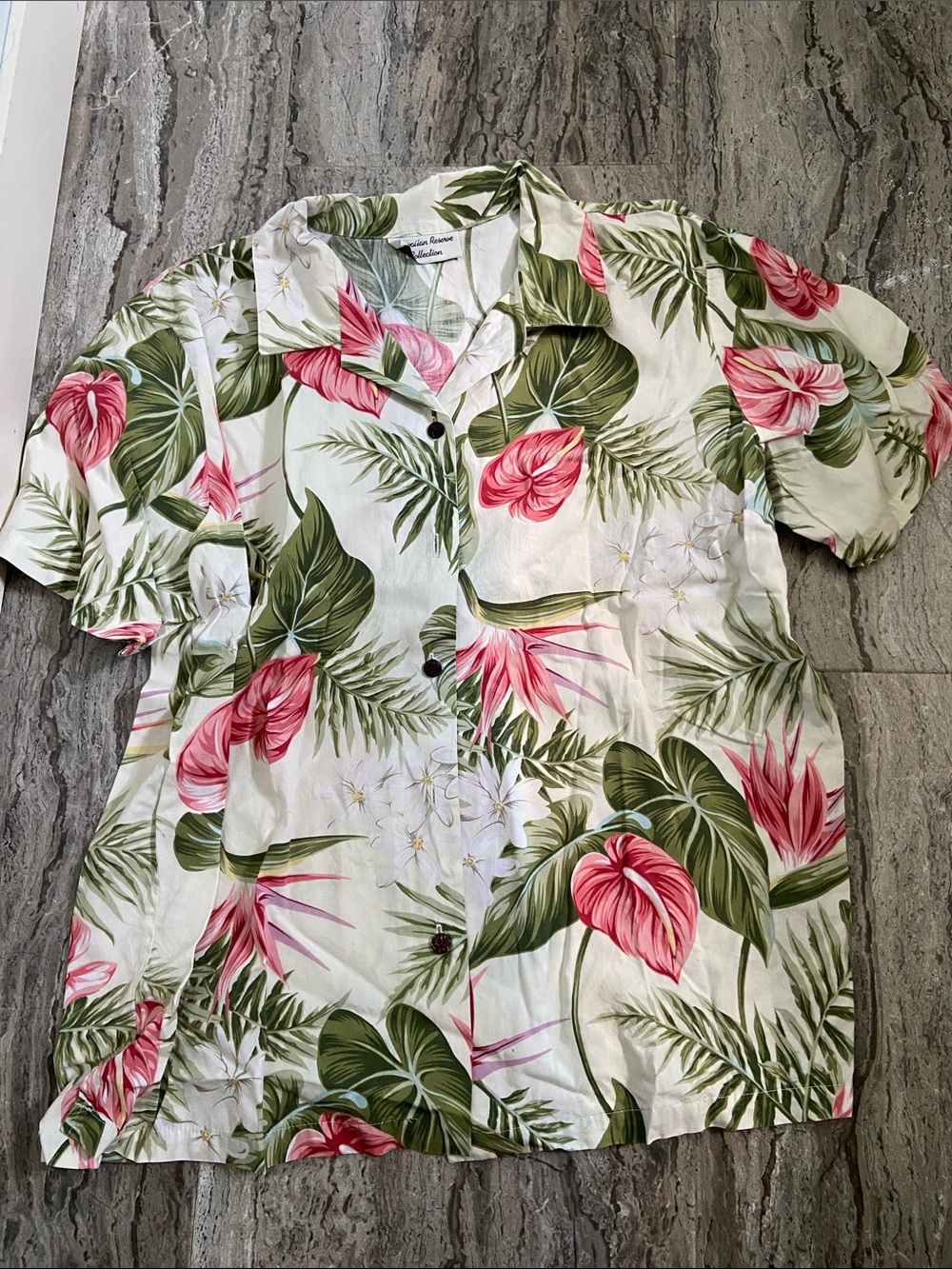 Tropical Floral Button-Up Shirt in White, Green & Pink